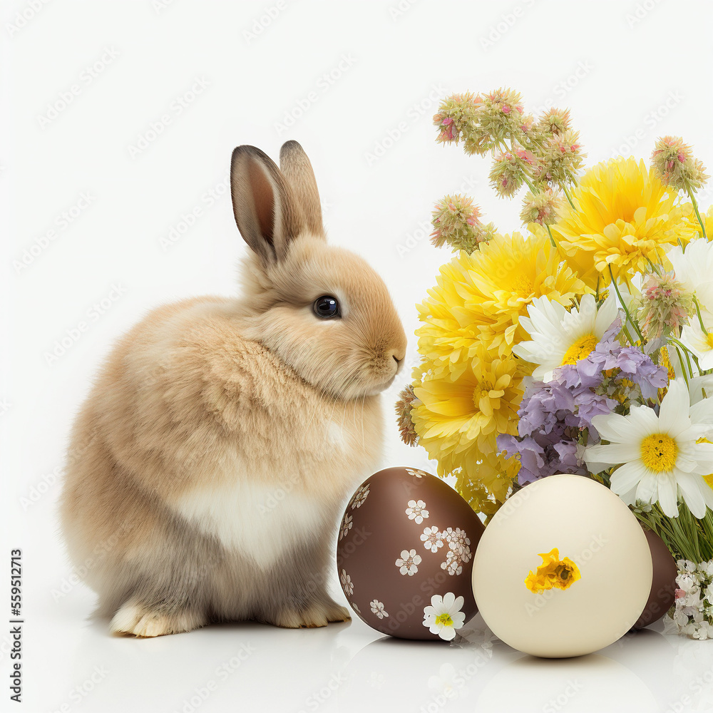 Easter bunny surrounded by spring flowers. Generative AI - obrazy, fototapety, plakaty 