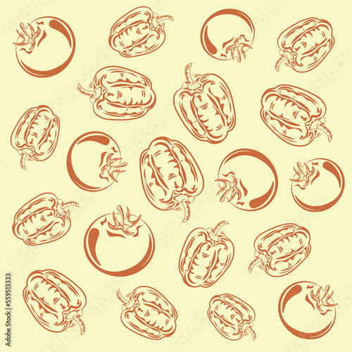 Vegetable pattern of bell peppers and tomatoes, vegetables, vector, illustration, bell pepper, tomato, contour, background, vitamins, pattern