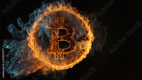 Bitcoin explosion in a fireball surrounded by flames on a black background. Crypto market bearish scenario and the burst of the crypto-currency bubble and bad regulation, generative ai photo