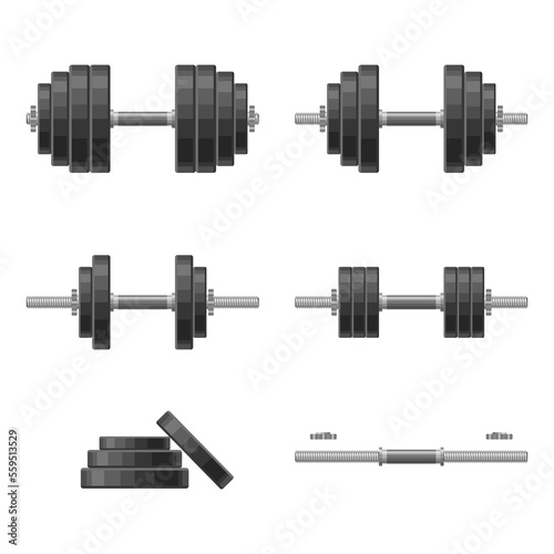 Dumbbell with removable disks different weights set isolated on white background. Weightlifting equipment, Bodybuilding, gym, crossfit, workout, fitness club symbol. Sport vector illustration