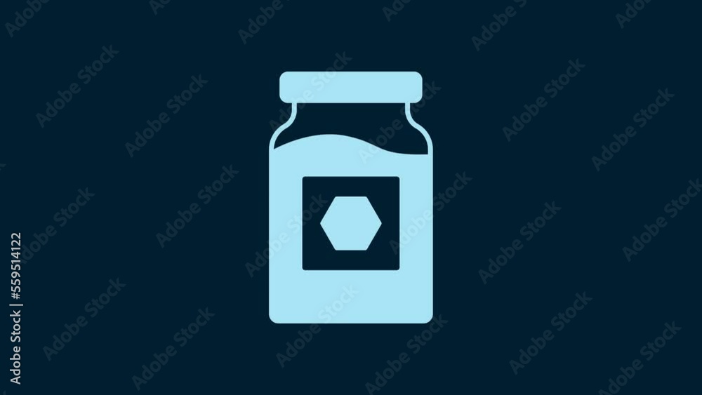 White Jar of honey icon isolated on blue background. Food bank. Sweet natural food symbol. 4K Video motion graphic animation White Jar of honey icon isolated on blue background. Food bank. Sweet natural food symbol. 4K Video motion graphic animation