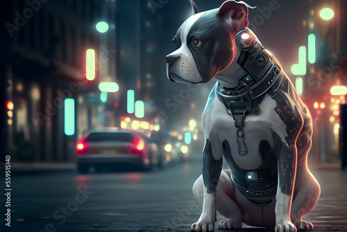 Cyborg dog sitting on street, futuristic world. Generative AI photo