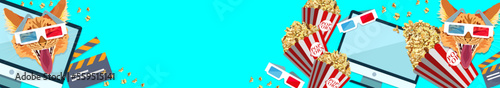 Watching movies online. 3d cinema at home. Stylish banner from different elements: monitor, 3d glasses, popcorn, red cat muzzle, movie clapperboard