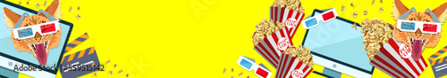 Watching movies online. 3d cinema at home. Stylish banner from different elements: monitor, 3d glasses, popcorn, red cat muzzle, movie clapperboard