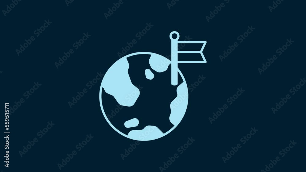 White Planet with flag icon isolated on blue background. Victory, winning and conquer adversity concept. 4K Video motion graphic animation White Planet with flag icon isolated on blue background. Victory, winning and conquer adversity concept. 4K Video motion graphic animation