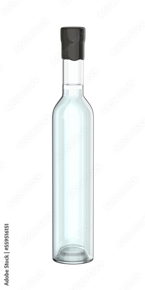 Tall glass bottle with transparent liquid inside and sealed with wax. This bottle can be used for vodka, gin or other alcoholic beverages. Tall glass bottle with transparent liquid inside and sealed with wax. This bottle can be used for vodka, gin or other alcoholic beverages.