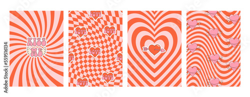 Set retro groovy posters with lovely hearts . Love concept. Happy Valentines day greeting card, print. Funky abstract background in trendy retro 60s 70s cartoon style.