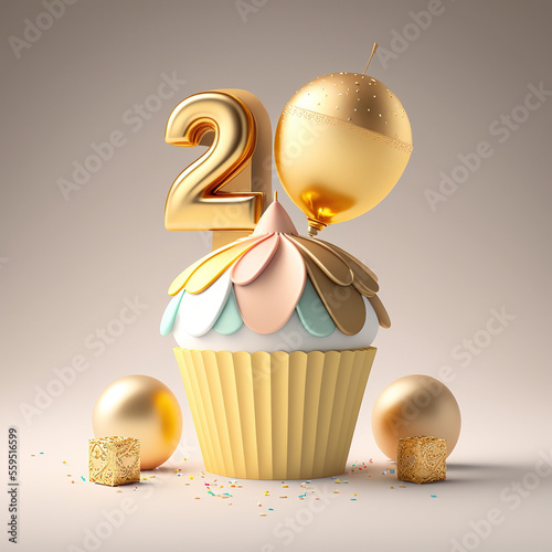 gold birthday cupcake with balloon and number. Generative AI