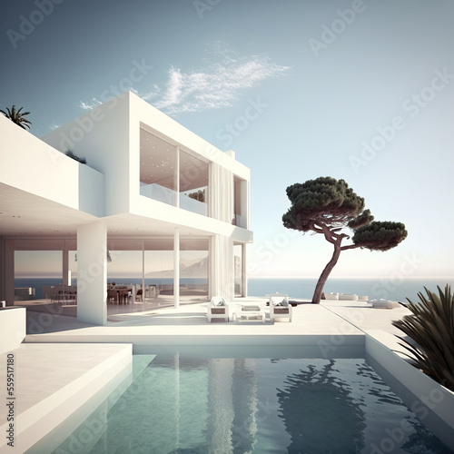 Buildings background with minimal architecture. Outdoor estate construction of modern residential building. Generative AI 