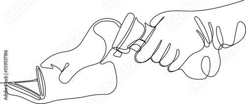 Continuous one line drawing of Hands in rubber glovt. Easy to place your text and brand logo. Vector illustration