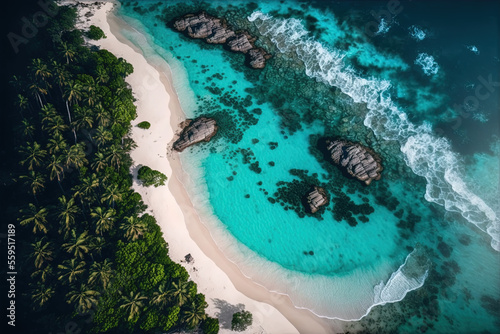 Aerial view of sea beach. Tropical island. Generative AI