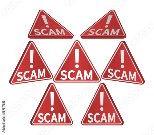 Vector 3d set of triangular red signs in different projections with an exclamation mark and the word, scam on an isolated white background.