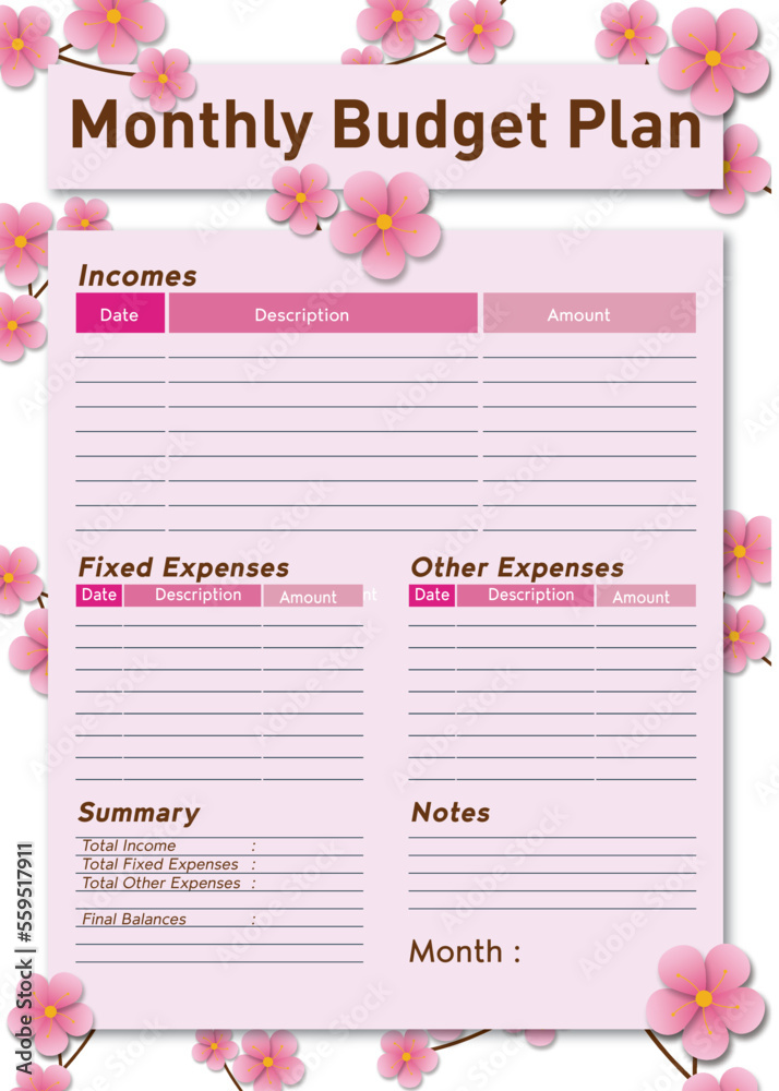 Beautiful budget planner template with blossom flower background
Beautiful budget planner template with blossom flower background