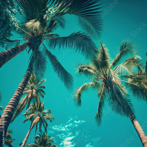 palm trees against a blue sky. Generative AI