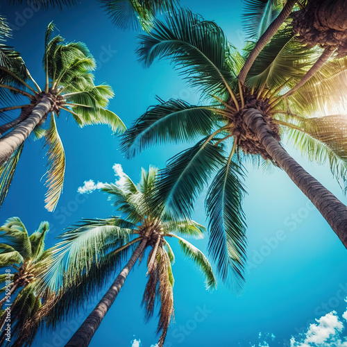 palm trees against a blue sky. Generative AI