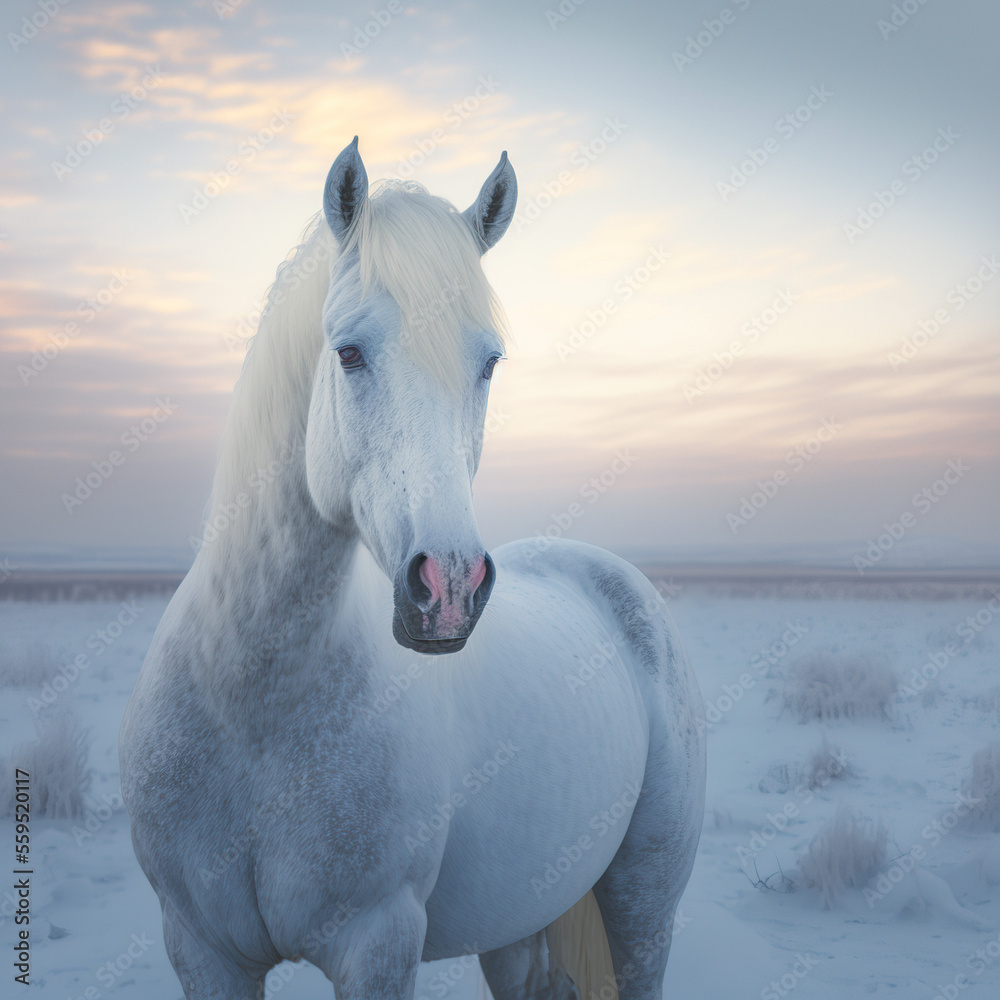 Obraz premium white horse in a snowy desert. Generative AI