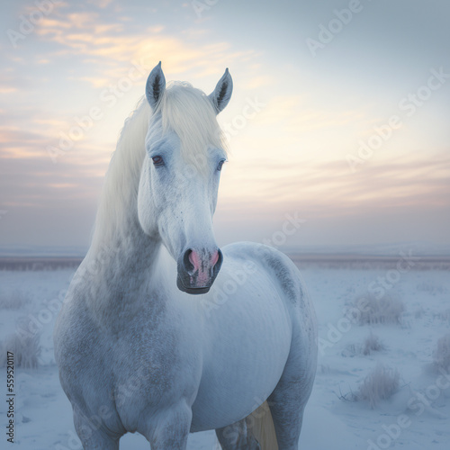 white horse in a snowy desert. Generative AI