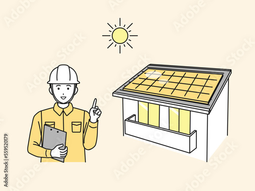 太陽光発電、ソーラーパネルについて説明する電気工事士のイラスト
