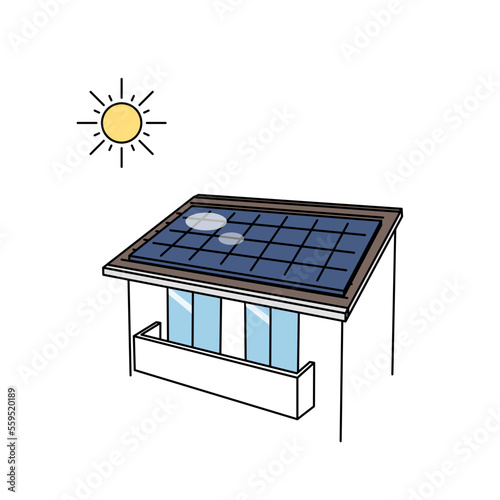 太陽光発電、ソーラーパネルを屋根に取り付けた一軒家のイラスト