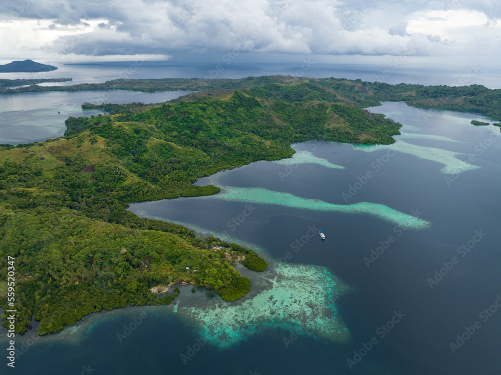 A scenic tropical island is fringed by a coral reef in the Solomon Islands. This beautiful country is home to spectacular marine biodiversity and many historic WWII sites.