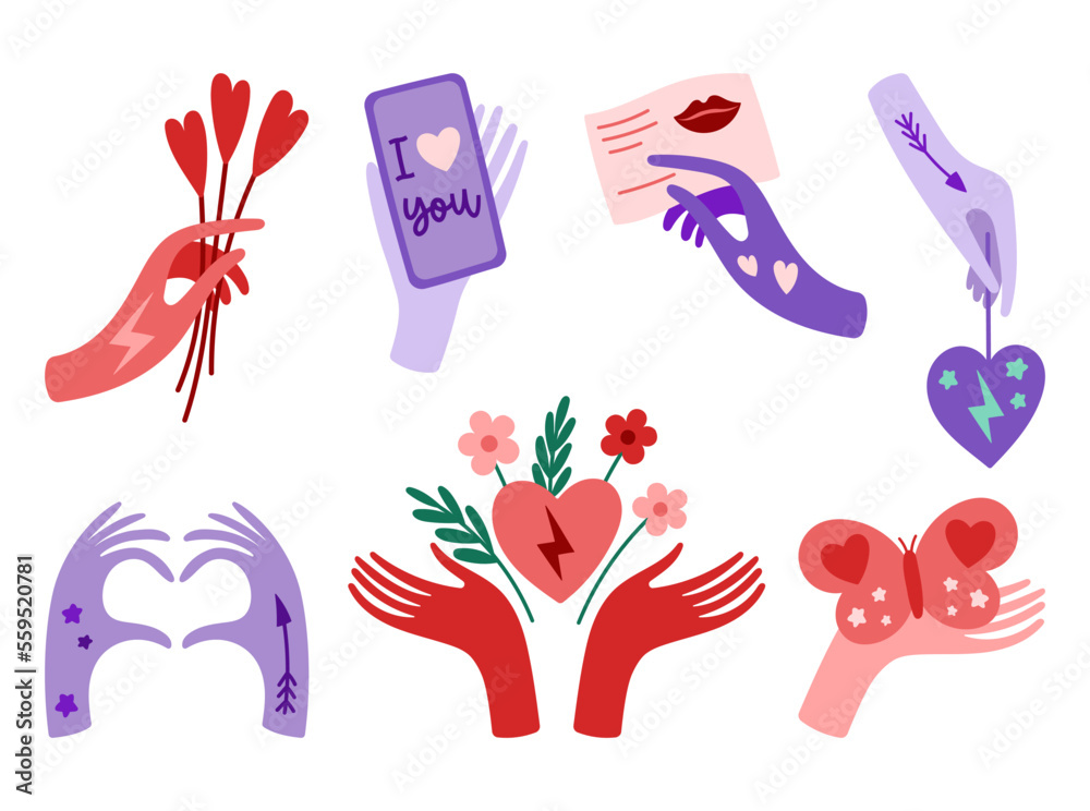 Valentine's day hands vector illustration set. Valentine cute modern clipart Valentine's day hands vector illustration set. Valentine cute modern clipart