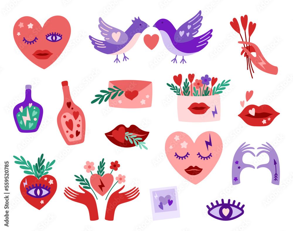 Valentine's day vector cartoon clipart. Valentine cute illustration set
