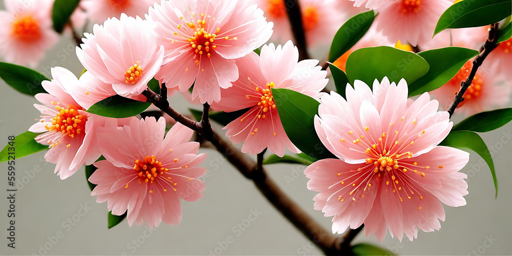 Pink cherry blossom, mandarins on a red background. Happy Chinese New Year Generative AI