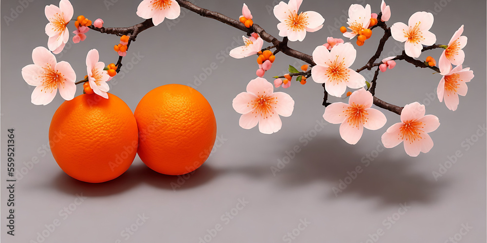 Pink cherry blossom, mandarins on a red background. Happy Chinese New Year Generative AI
