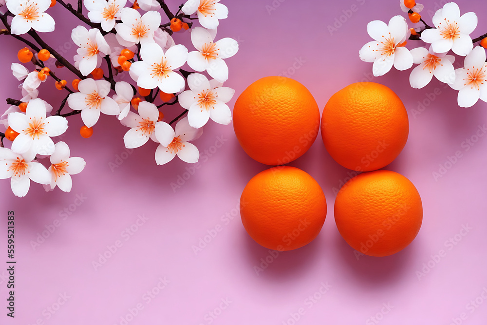 Happy Chinese New Year flat lay photo. Two mandarins and cherry blossom branch on a red background Generative AI