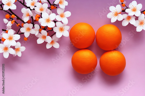 Obraz na płótnie Happy Chinese New Year flat lay photo. Two mandarins and cherry blossom branch on a red background Generative AI w salonie