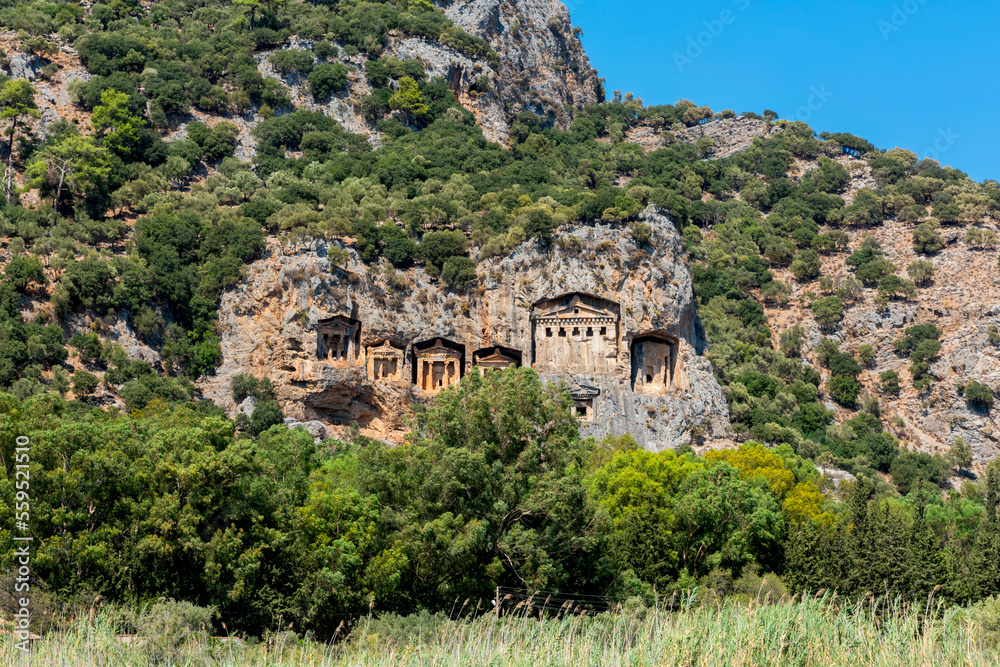 Rock-cut temple tombs in Kaunos, Dalyan in Turkey
