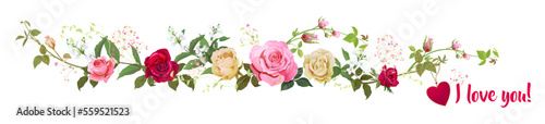 Panoramic view with roses, lilies, jasmine, red heart, "love you" scripture. Horizontal border for Valentine: flowers and twigs on white background. Realistic illustration in watercolor style, vector