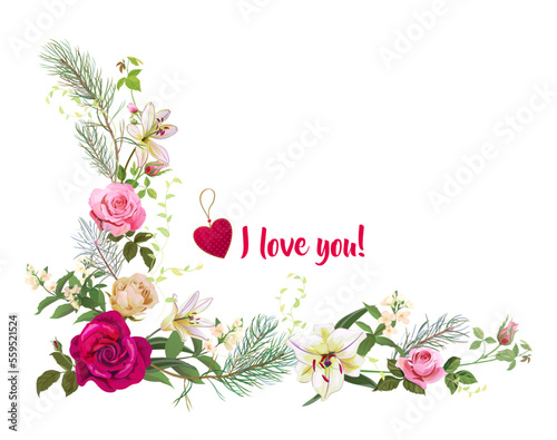 Angled frame with roses, lilies, jasmine flowers, pine branches, red heart an...