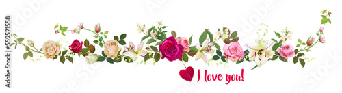 Panoramic view with roses, lilies, jasmine, red heart, “love you” scripture. Horizontal border for Valentine: flowers and twigs on white background. Realistic illustration in watercolor style, vector
