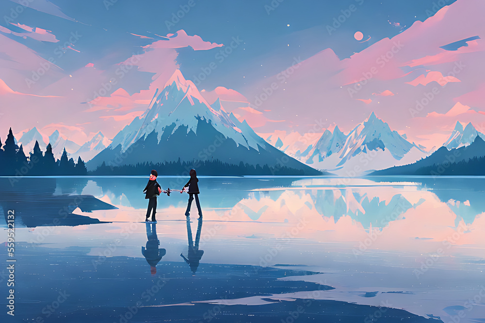 Amor en paisaje nevado de anime, bella estampa invernal al atardecer - AI  Generated Art Stock Illustration | Adobe Stock