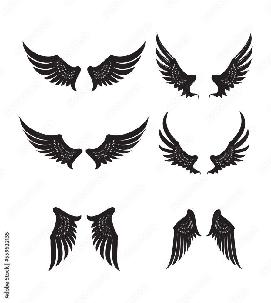 Obraz premium Silhouette pair of wings icon Angel wing decorative fly emblem and eagle stencil symbols