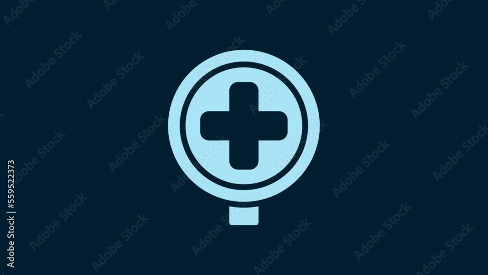 White Hospital road traffic icon isolated on blue background. Traffic rules and safe driving. 4K Video motion graphic animation White Hospital road traffic icon isolated on blue background. Traffic rules and safe driving. 4K Video motion graphic animation