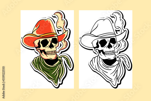 Sticker illustration of a cowboy skull with a lit cigarette