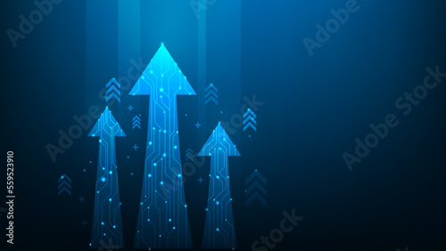arrow up investment with circuit line. business growth on dark blue background. copy space text. vector illustration technology digital. startup achievement concept.