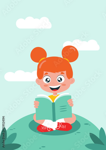 A child with a book in his hands. Happy smiling girl reading a book. The child sits with a book in his hands. Isolated on white background.