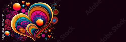 Colorful hearts pattern, copy space, good mood hearts on black background, text space, cute and beautiful symbols of love and passion, illustration, generative art