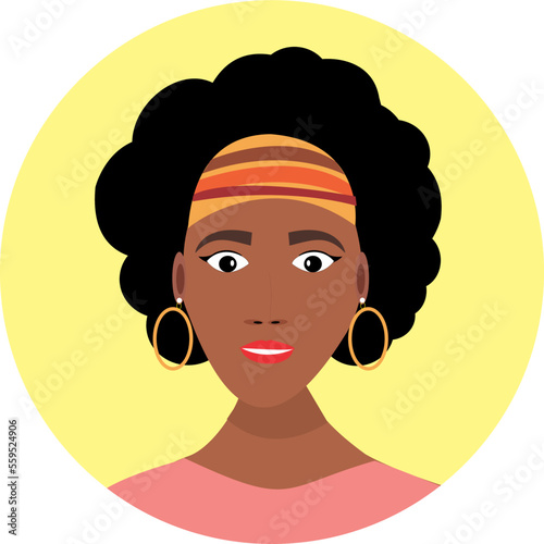 African female face with turban on head and hoop earring. Yellow circle. Dark-skinned female face on yellow background. Black lives matter.