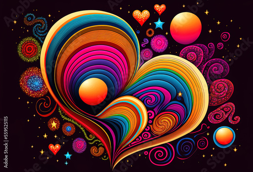 Colorful hearts pattern, good mood hearts on black background, cute and beautiful symbols of love and passion, illustration, generative art