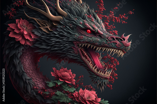 Chinese dragon fantasy background, Asian and Eastern mythological creature,  Illustration for Chinese New Year, Generative AI. © Asman