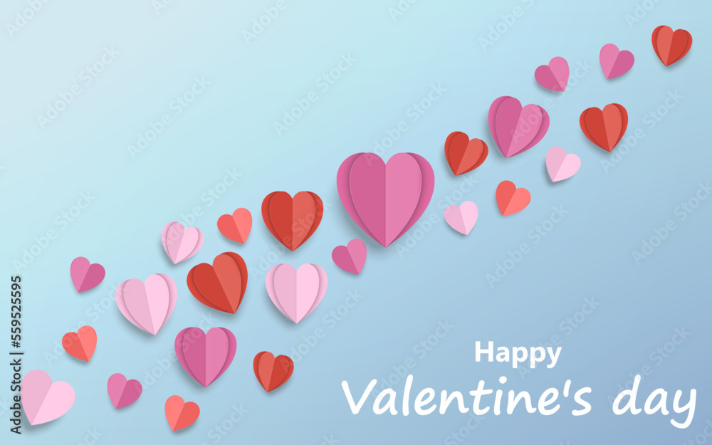 Paper elements in shape of heart flying on blue background. Vector illustration.
