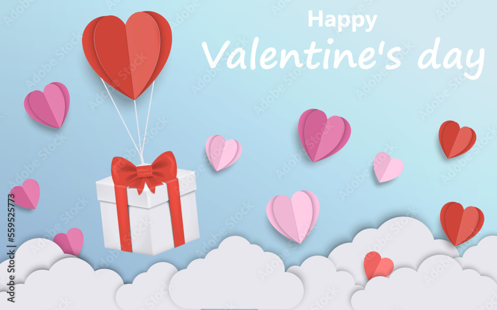 Gift box with heart balloon floating it the sky, Valentine's Day. Paper art style. Vector illustration.