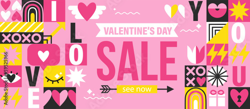 Valentines day Sale banner, flyer with symbols of holiday and love on geometric background. Romantic advertise of discounts and invitation for shopping. Bauhaus style with geometric elements. Vector