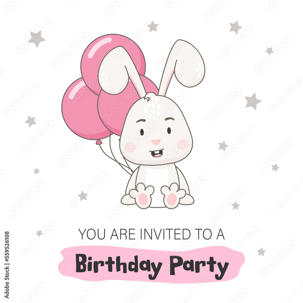 Baby birthday party invitation template. Cute rabbit character with pink balloons isolated on white background. Bunny vector illustration.