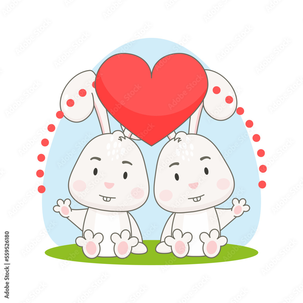 Cute bunnies with red heart isolated on white background.