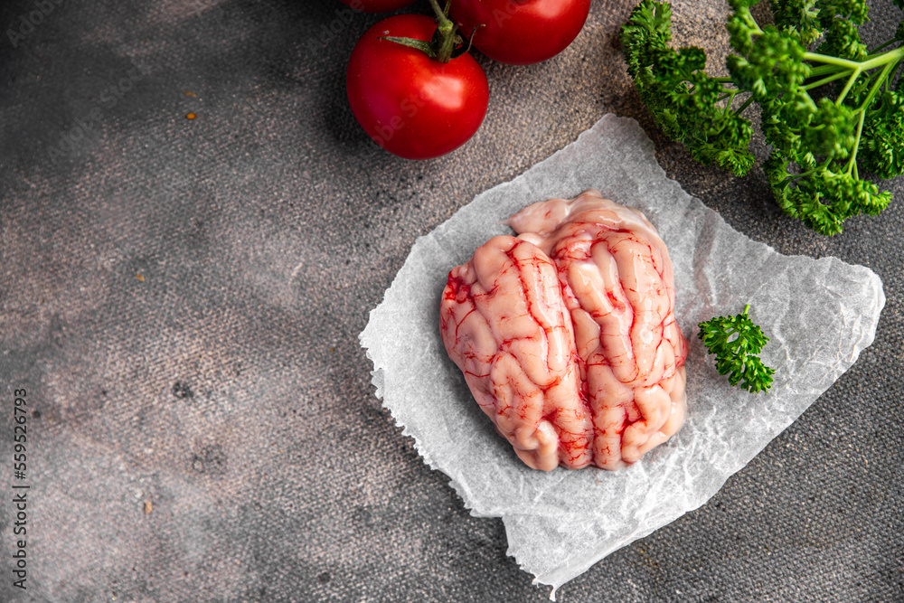 raw brain pork offal fresh meat meal food snack on the table copy space food background rustic top view